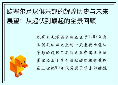 欧塞尔足球俱乐部的辉煌历史与未来展望：从起伏到崛起的全景回顾