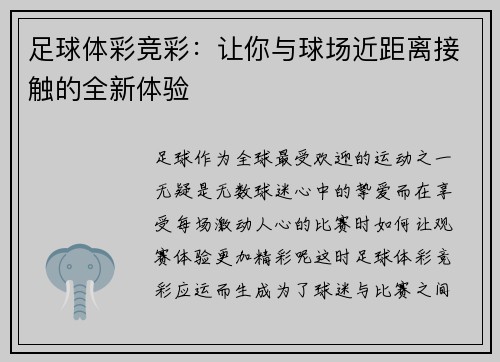 足球体彩竞彩：让你与球场近距离接触的全新体验