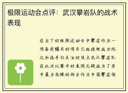 极限运动会点评：武汉攀岩队的战术表现