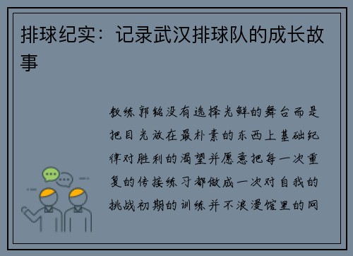 排球纪实：记录武汉排球队的成长故事