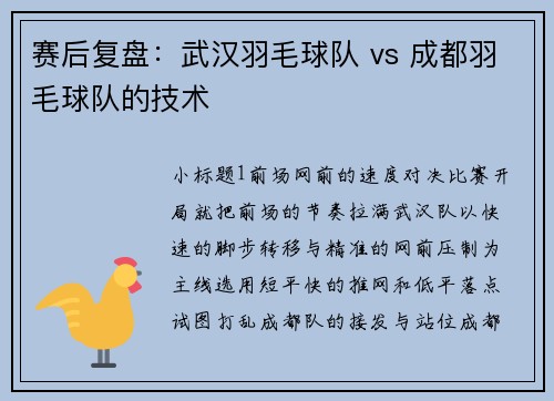 赛后复盘：武汉羽毛球队 vs 成都羽毛球队的技术