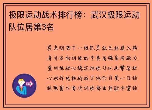 极限运动战术排行榜：武汉极限运动队位居第3名